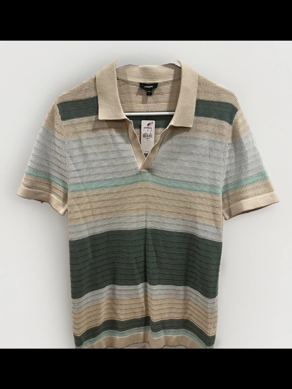 NWT Express Men’s Polo Size Small 100% Cotton Striped Knit Sweater Green Beige